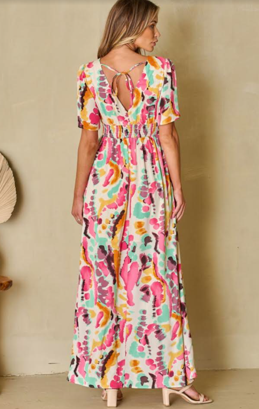 Boho Tie-dye Print V Neck Maxi Dress