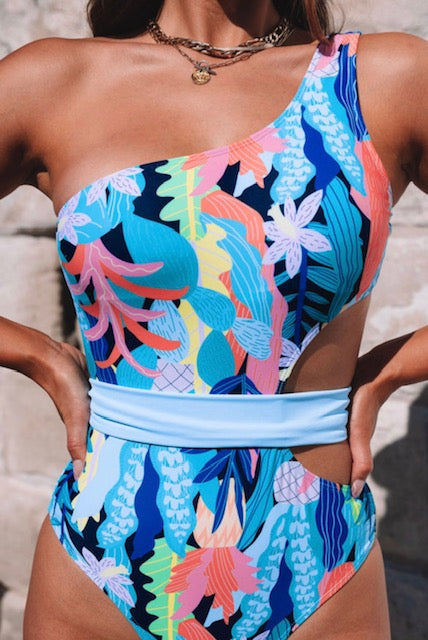 Beautiful Asymmetric Cutout Belted Printed One-piece Swimwear