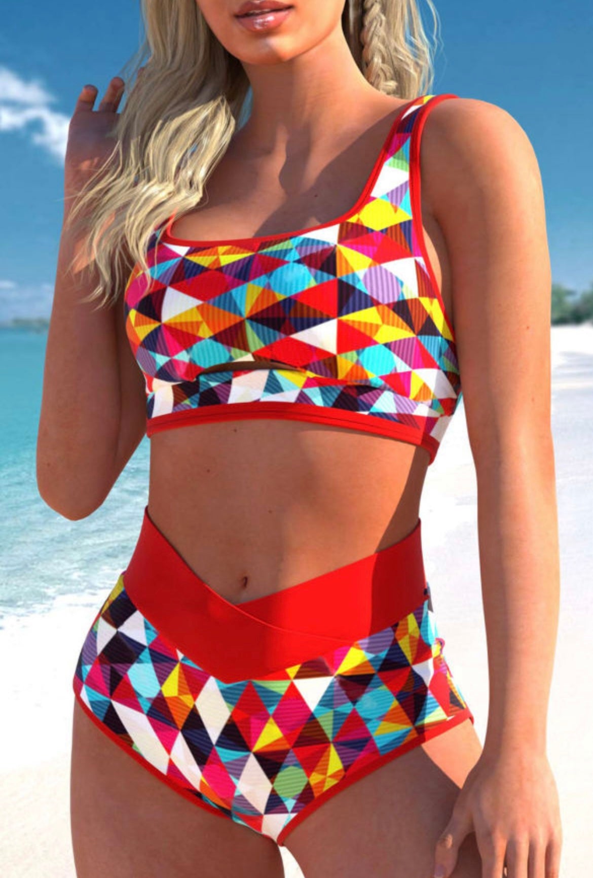 Geometric Red Swimsuit Top