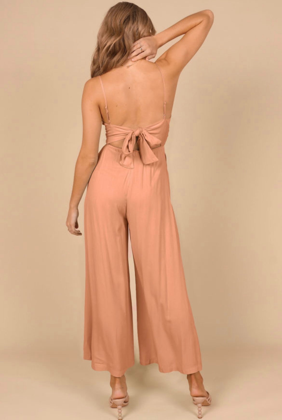 Melon Orange Spaghetti Straps Backless Knot Wide-Leg Jumpsuit