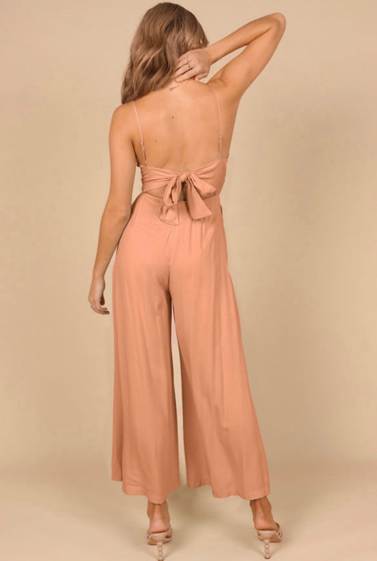 Melon Orange Spaghetti Straps Backless Knot Wide-Leg Jumpsuit