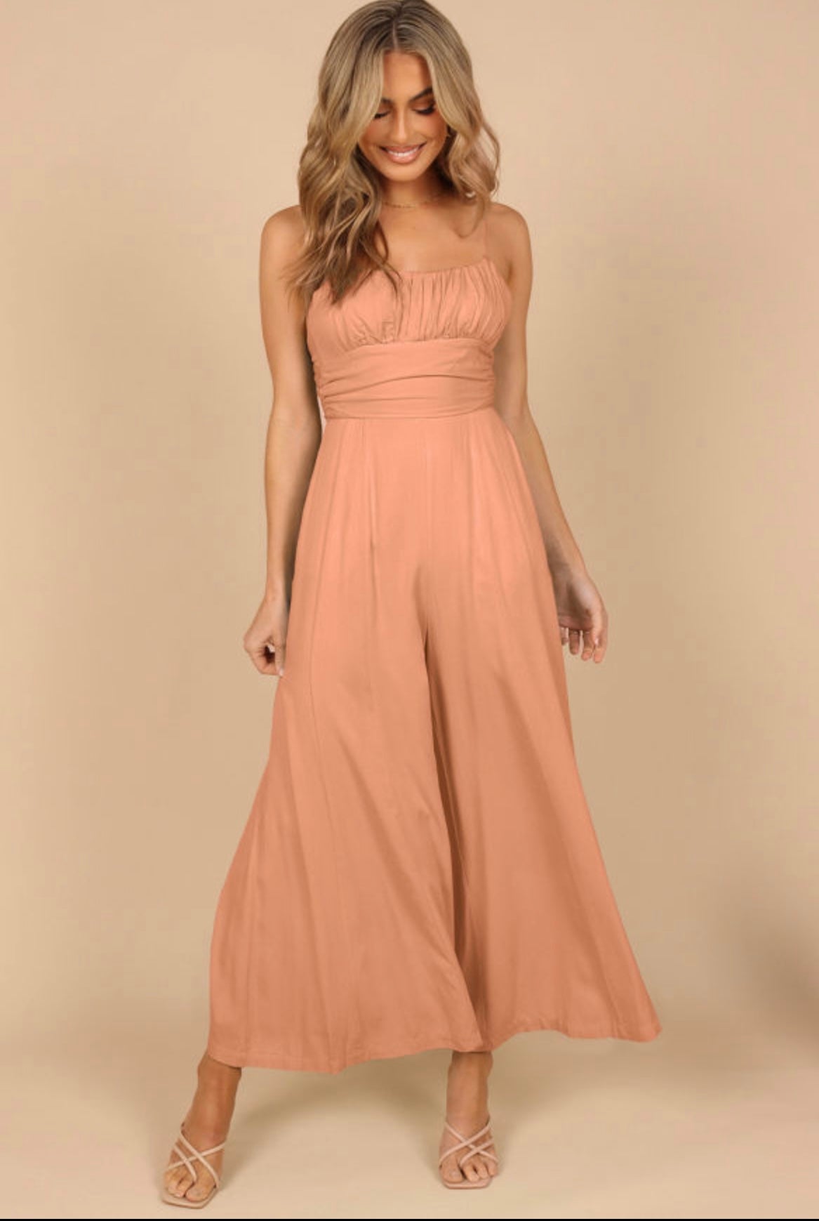 Melon Orange Spaghetti Straps Backless Knot Wide-Leg Jumpsuit