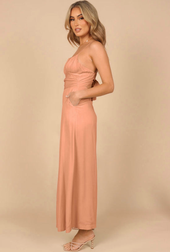 Melon Orange Spaghetti Straps Backless Knot Wide-Leg Jumpsuit