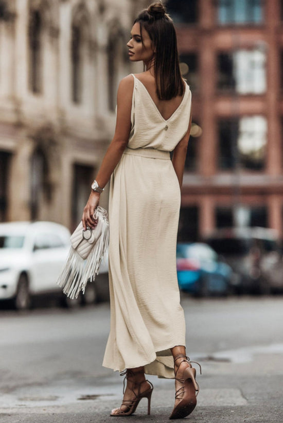 Ivory Sleeveless Maxi Elegant Dress with Elastic Belt