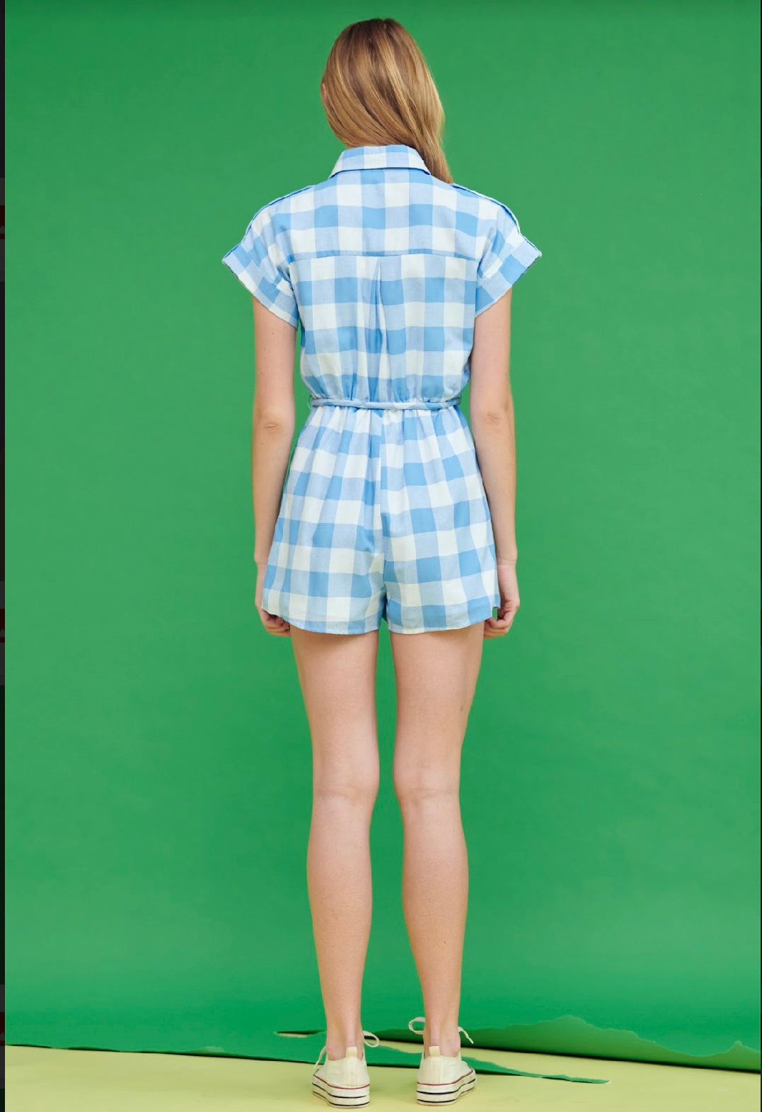 The Blue Gingham Print Shirt Romper