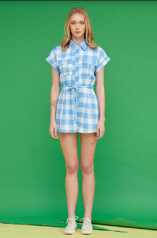 The Blue Gingham Print Shirt Romper