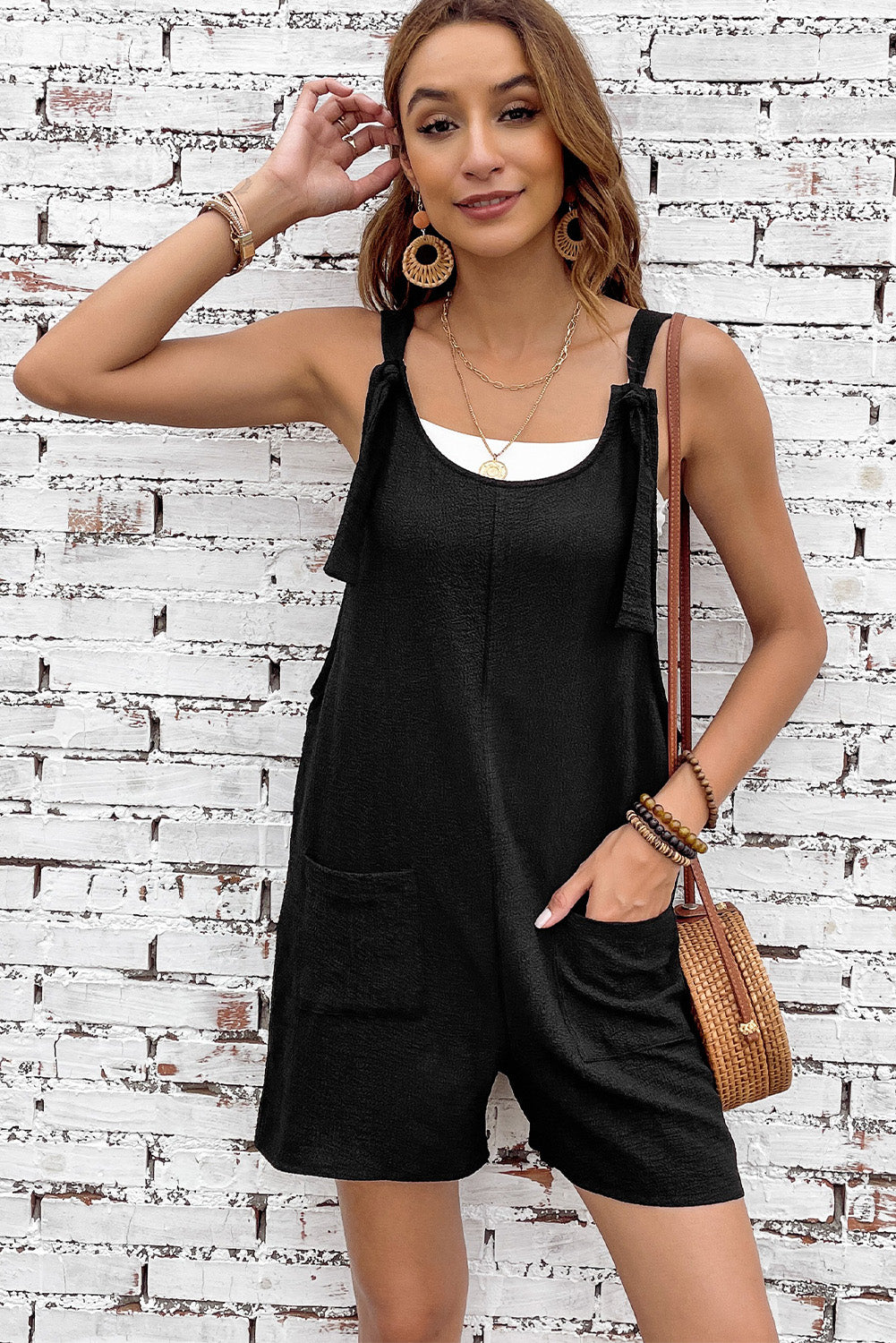 Chic Adjustable Straps Pocketed Textured Romper