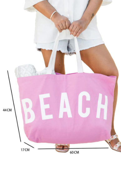 Pink Beach Letter Print Large Canvas Bag