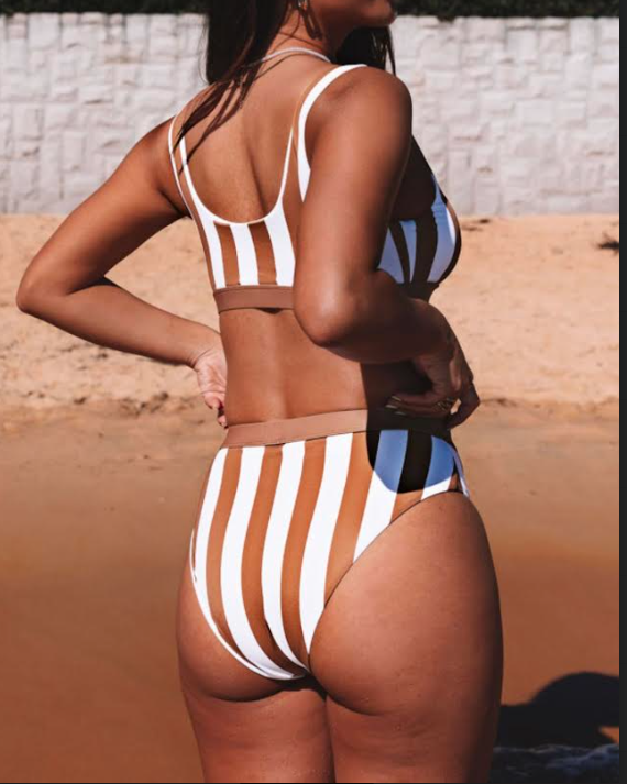 Brown/White Striped Swimsuit Bottom