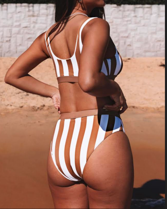 Brown/White Striped Swimsuit Bottom