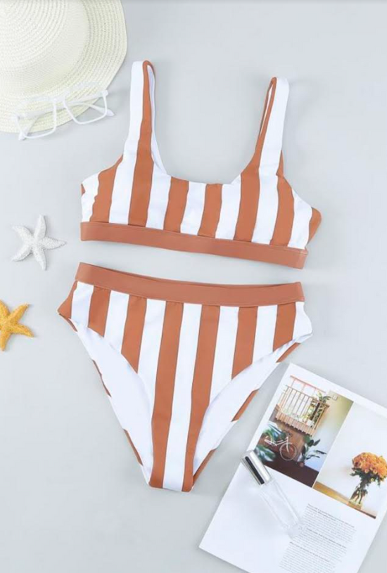 Brown/White Striped Swimsuit Top