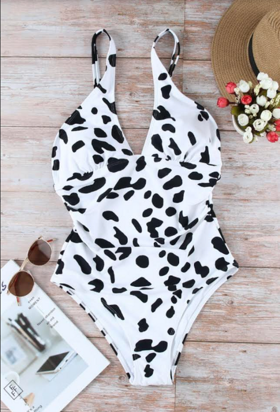 Black/White Cross Front Leopard Print Ruched One-Piece Swimsuit