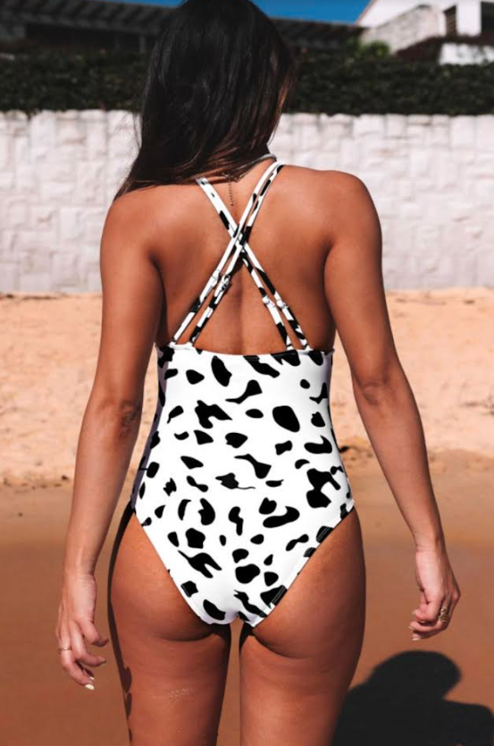 Black/White Cross Front Leopard Print Ruched One-Piece Swimsuit