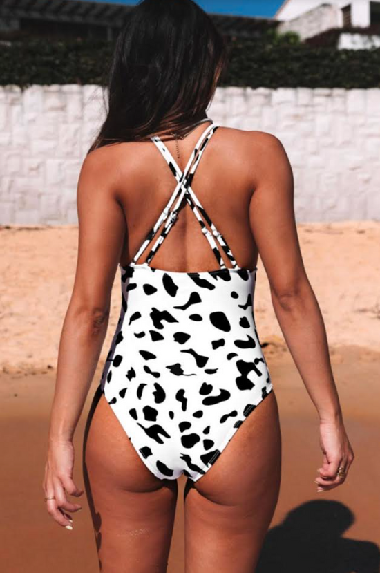 Black/White Cross Front Leopard Print Ruched One-Piece Swimsuit