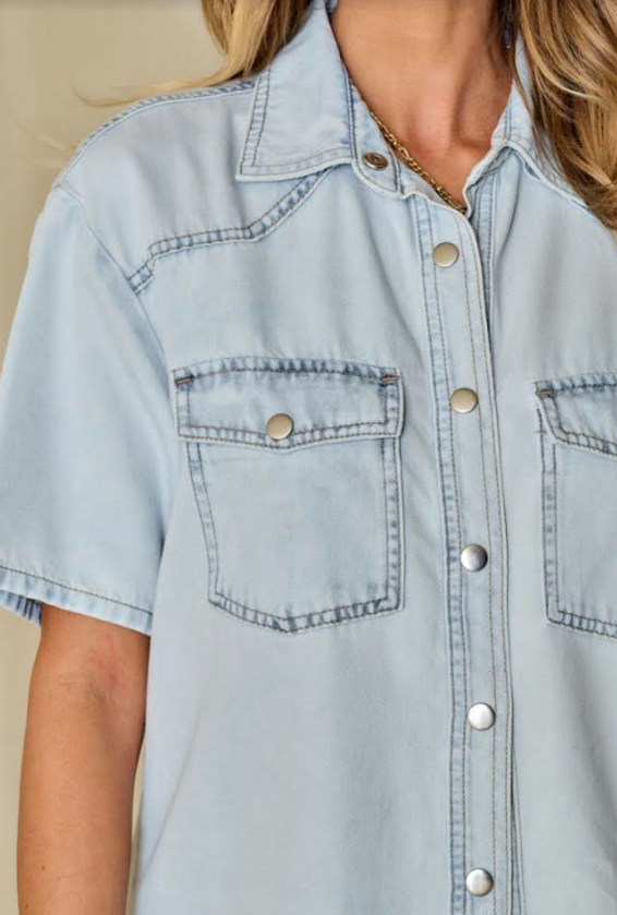 Mist Blue Light Wash Flap Pockets Rounded Hem Shirt