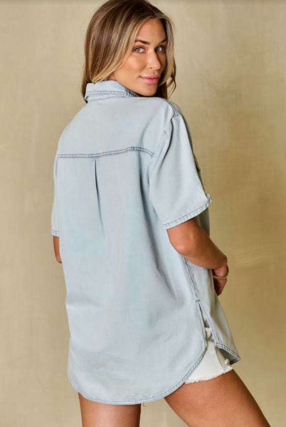 Mist Blue Light Wash Flap Pockets Rounded Hem Shirt