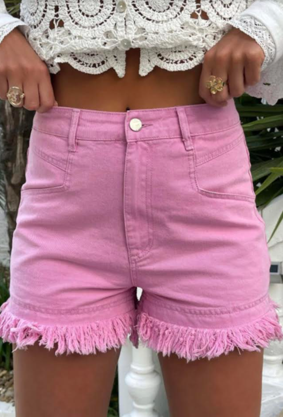 Rose Pink Distressed Denim Shorts