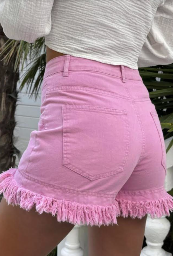 Rose Pink Distressed Denim Shorts