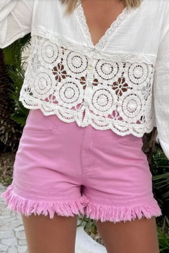 Rose Pink Distressed Denim Shorts