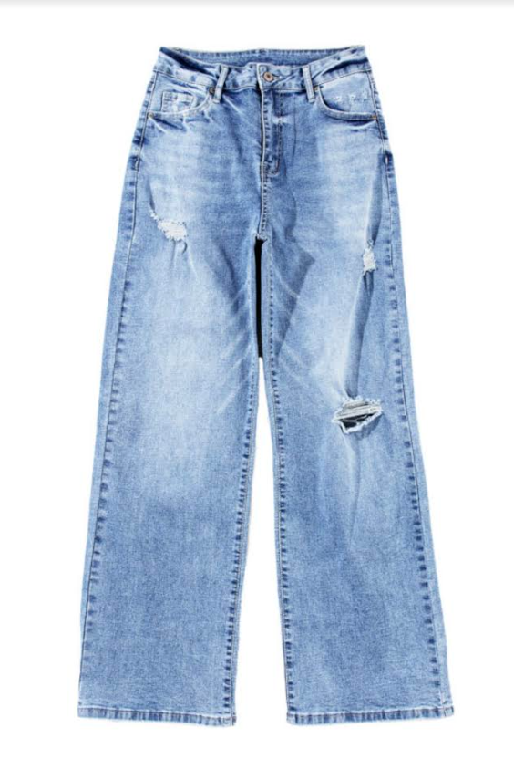 Distressed Blue Light Wash Wide Leg Jeans