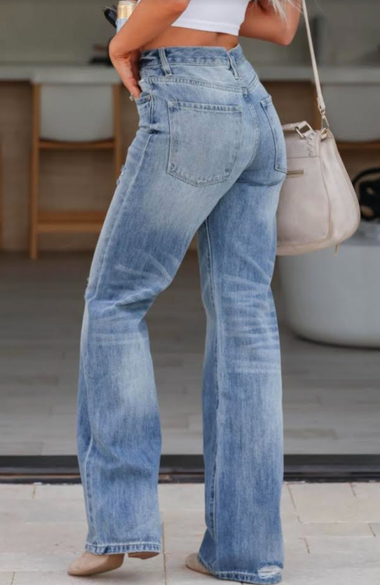 Distressed Blue Light Wash Wide Leg Jeans