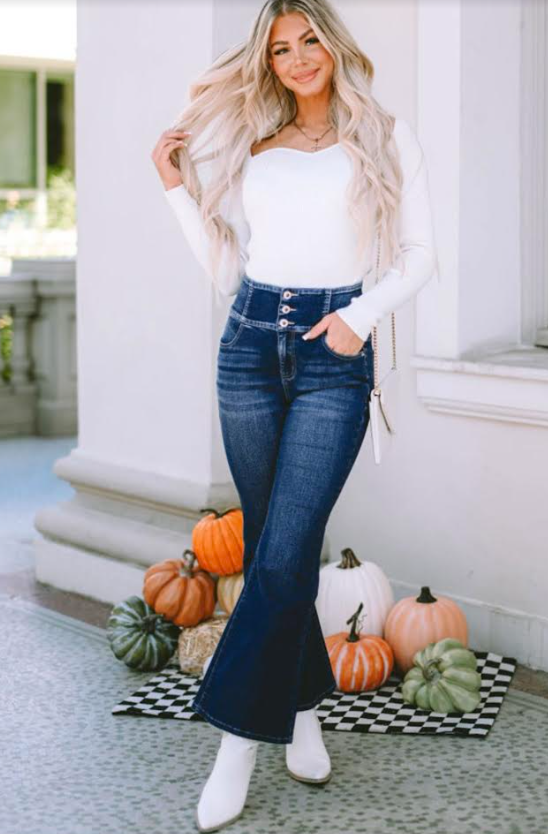 High Waisted Dark Blue Bootcut Jeans