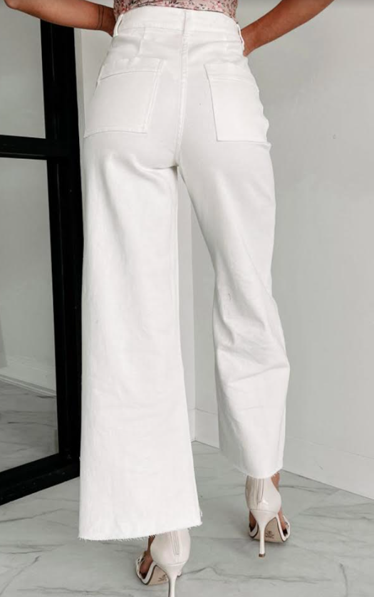 White Solid Raw Hem Wide Leg Crop Jeans