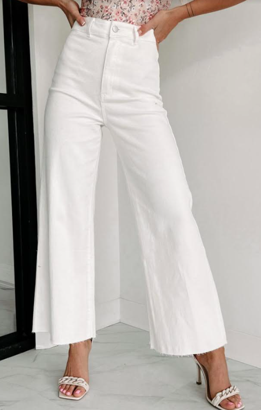 White Solid Raw Hem Wide Leg Crop Jeans