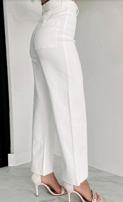 White Solid Raw Hem Wide Leg Crop Jeans