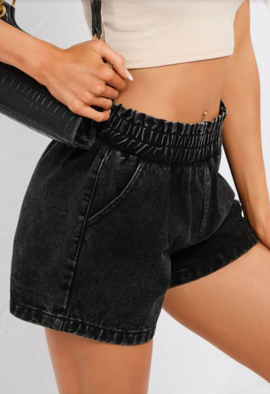 Black Ruffled Elastic High Waist Denim Shorts