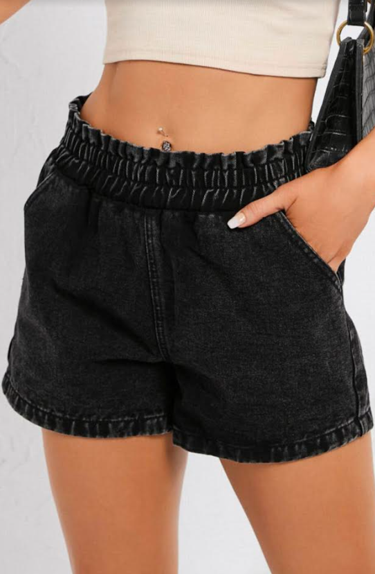 Black Ruffled Elastic High Waist Denim Shorts