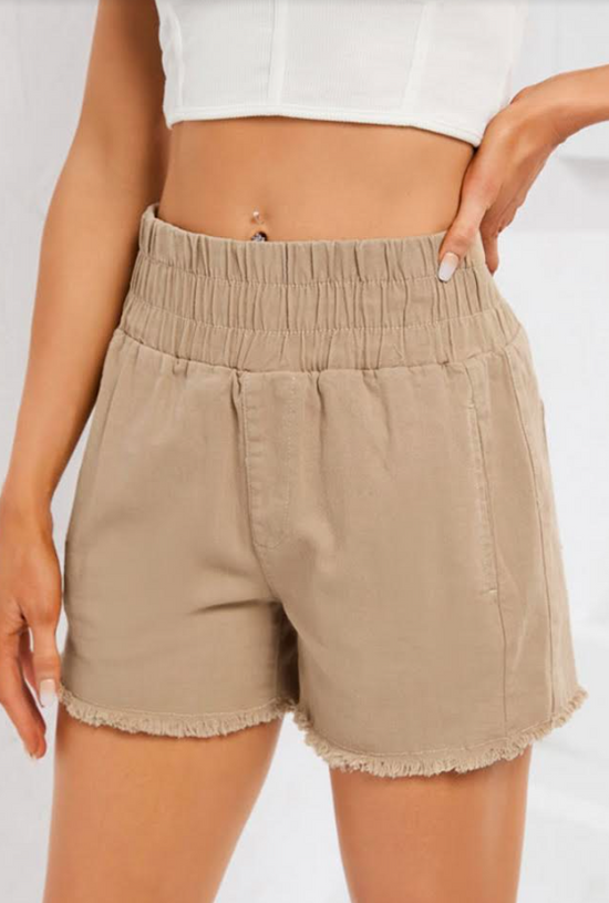 Beige Ruffle High Waist Lounge Shorts