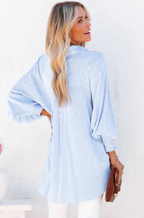 Sky-blue Cuffed Striped Boyfriend Shirt with Pockets