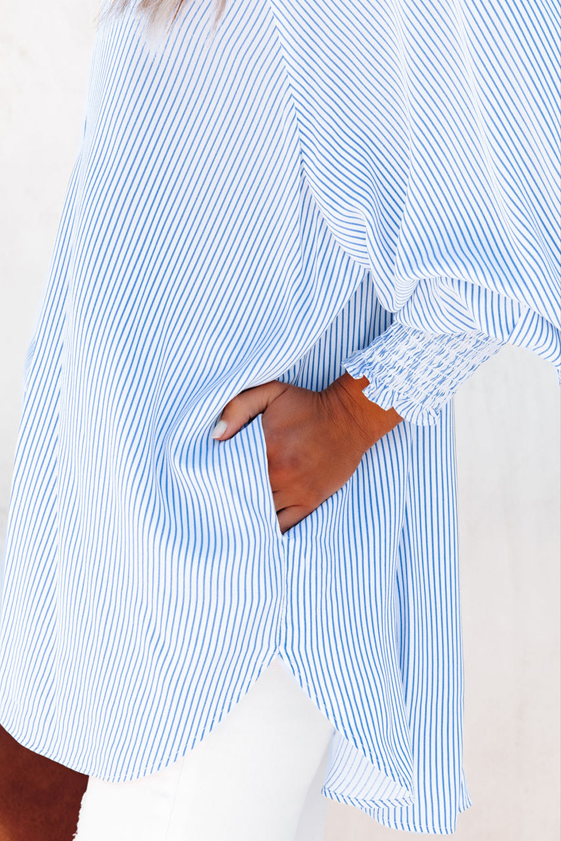 Sky-blue Cuffed Striped Boyfriend Shirt with Pockets