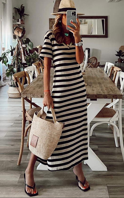 Ivory V Neck White/Black Striped Maxi Dress