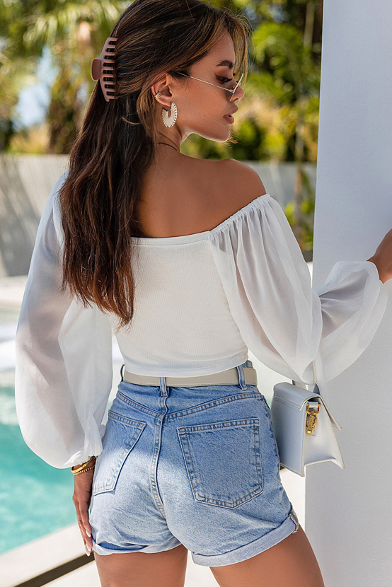 White Drawstring Front Sheer Puff Sleeve Crop Top