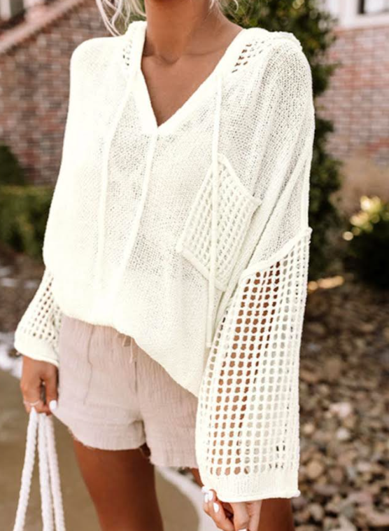 White Open Knit Long Sleeve Pocketed Hooded Sweater