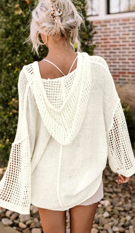 White Open Knit Long Sleeve Pocketed Hooded Sweater