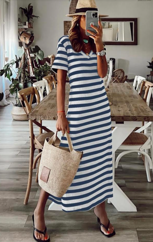 Navy Blue/White Stripe Print V Neck Maxi Dress with Side Straps