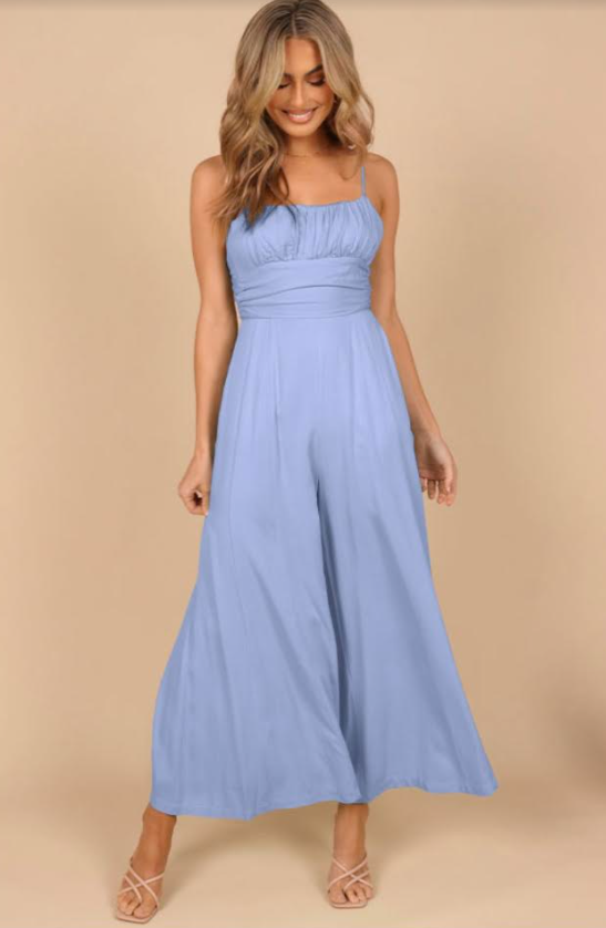 Sky Blue Spaghetti Straps Backless Knot Wide-Leg Jumpsuit