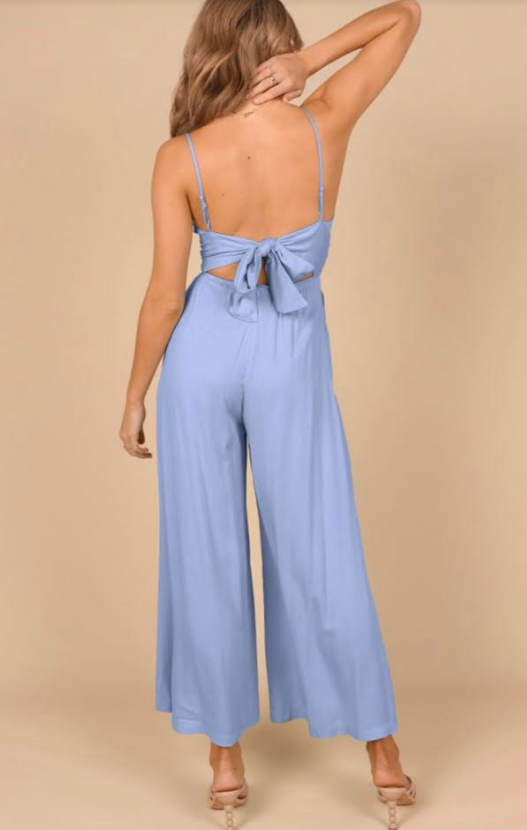 Sky Blue Spaghetti Straps Backless Knot Wide-Leg Jumpsuit