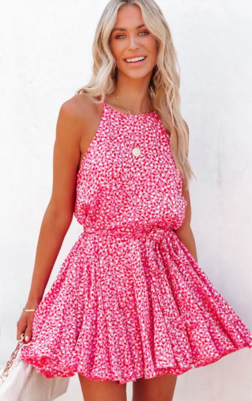 Pink Leopard Print Sleeveless Mini Dress with Waist Tie