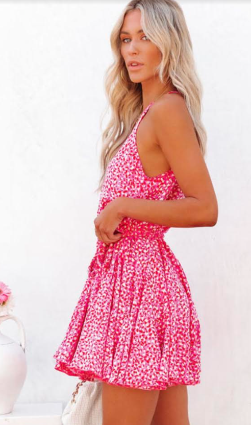 Pink Leopard Print Sleeveless Mini Dress with Waist Tie