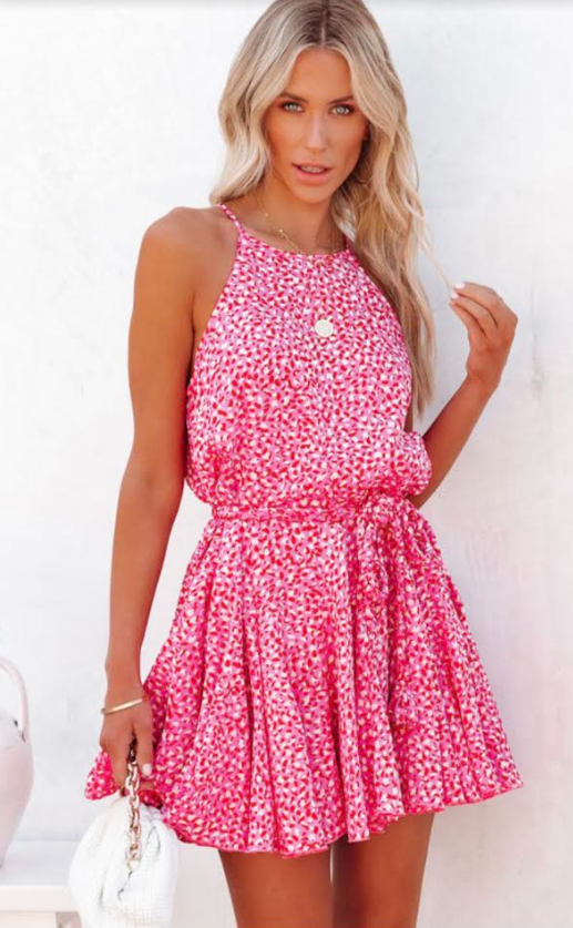 Pink Leopard Print Sleeveless Mini Dress with Waist Tie