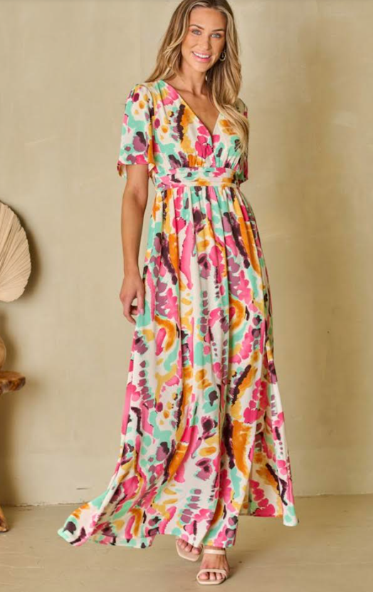 Pink Boho Tie-dye Print V Neck Long Dress with Side Straps