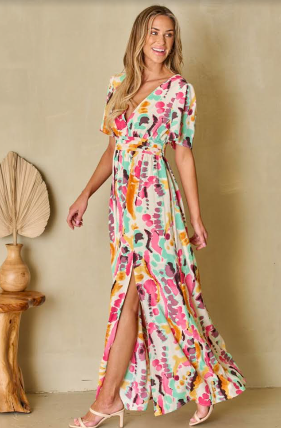 Pink Boho Tie-dye Print V Neck Long Dress with Side Straps