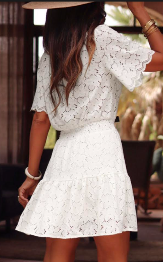 White Scalloped Floral Lace Crochet Short Sleeve Mini Dress