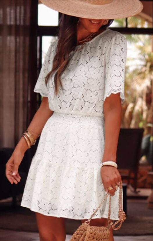 White Scalloped Floral Lace Crochet Short Sleeve Mini Dress