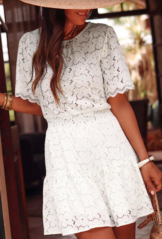 White Scalloped Floral Lace Crochet Short Sleeve Mini Dress