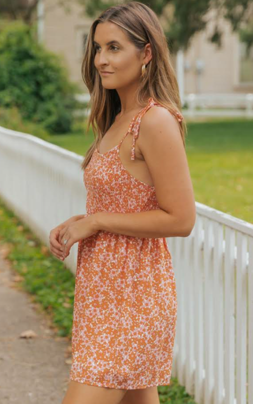 Orange Boho Floral Print Shirred Thin Straps Romper